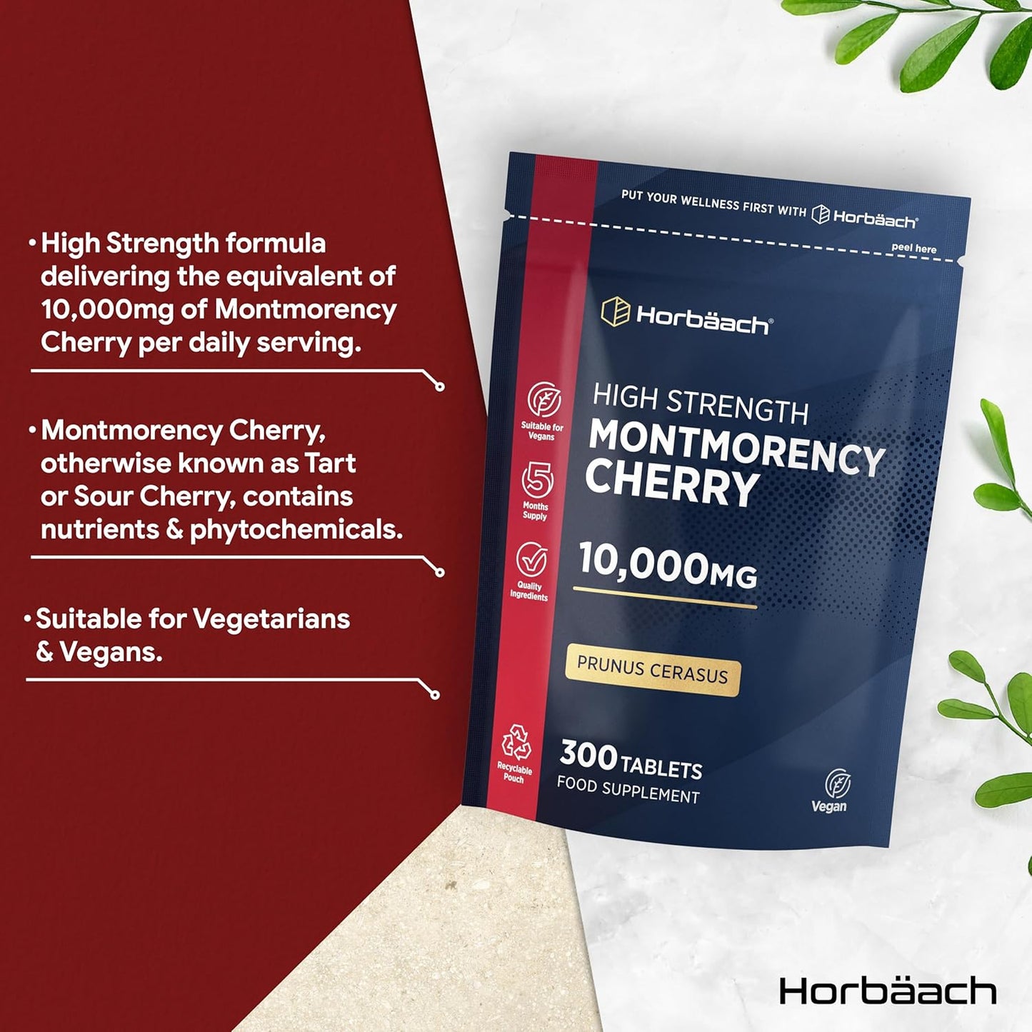 Montmorency Cherry Tablets 10,000mg | 300 Tart Cherry Active Pills - 5 Months Supply | 50:1 Natural Tart Cherry Extract Supplement for Men & Women | Vegan | by Horbaach