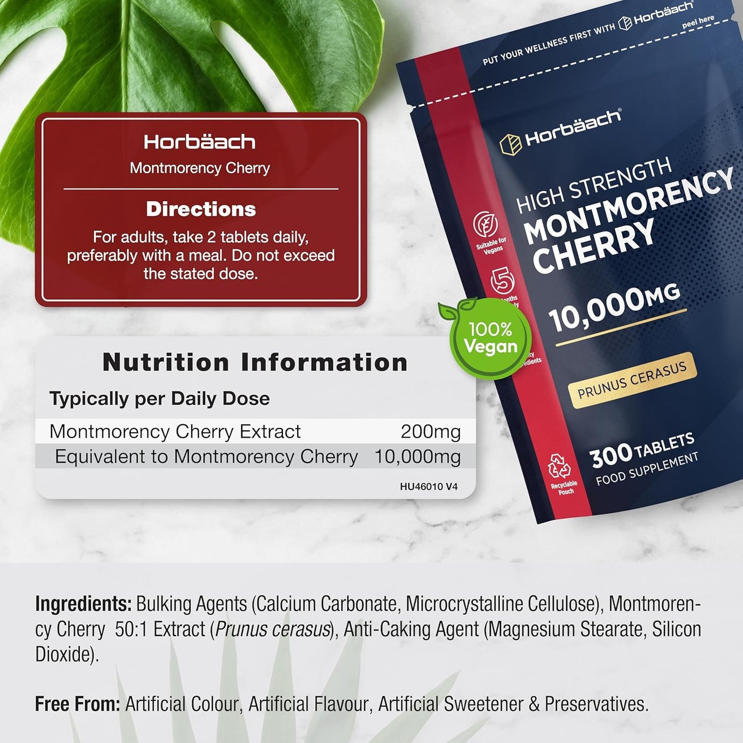Montmorency Cherry Tablets 10,000mg | 300 Tart Cherry Active Pills - 5 Months Supply | 50:1 Natural Tart Cherry Extract Supplement for Men & Women | Vegan | by Horbaach