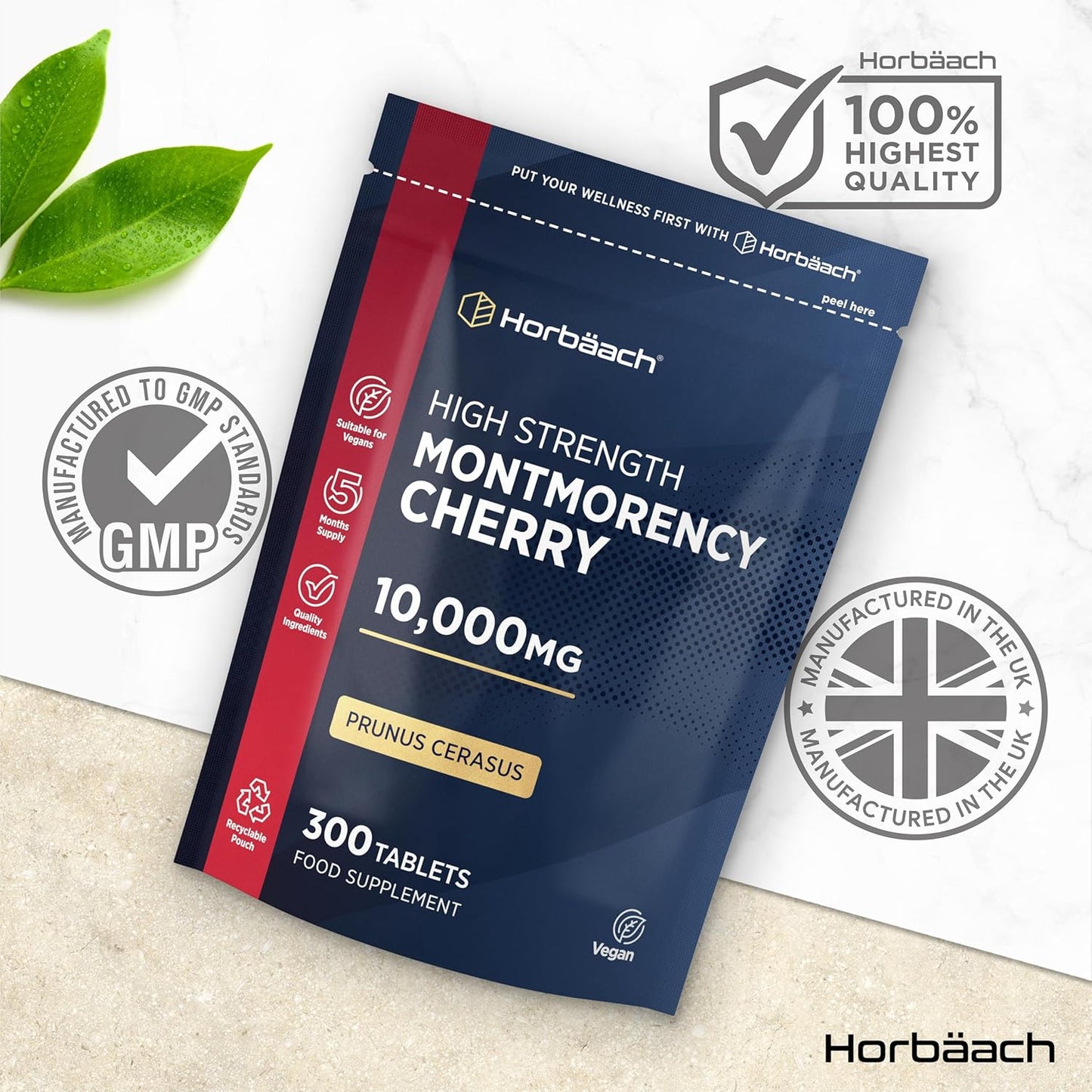 Montmorency Cherry Tablets 10,000mg | 300 Tart Cherry Active Pills - 5 Months Supply | 50:1 Natural Tart Cherry Extract Supplement for Men & Women | Vegan | by Horbaach