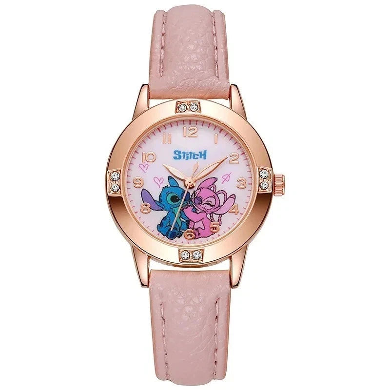 βπ Girls Lilo & Stitch Pink Quartz Watch β Leather Strap | Cute Cartoon Gift