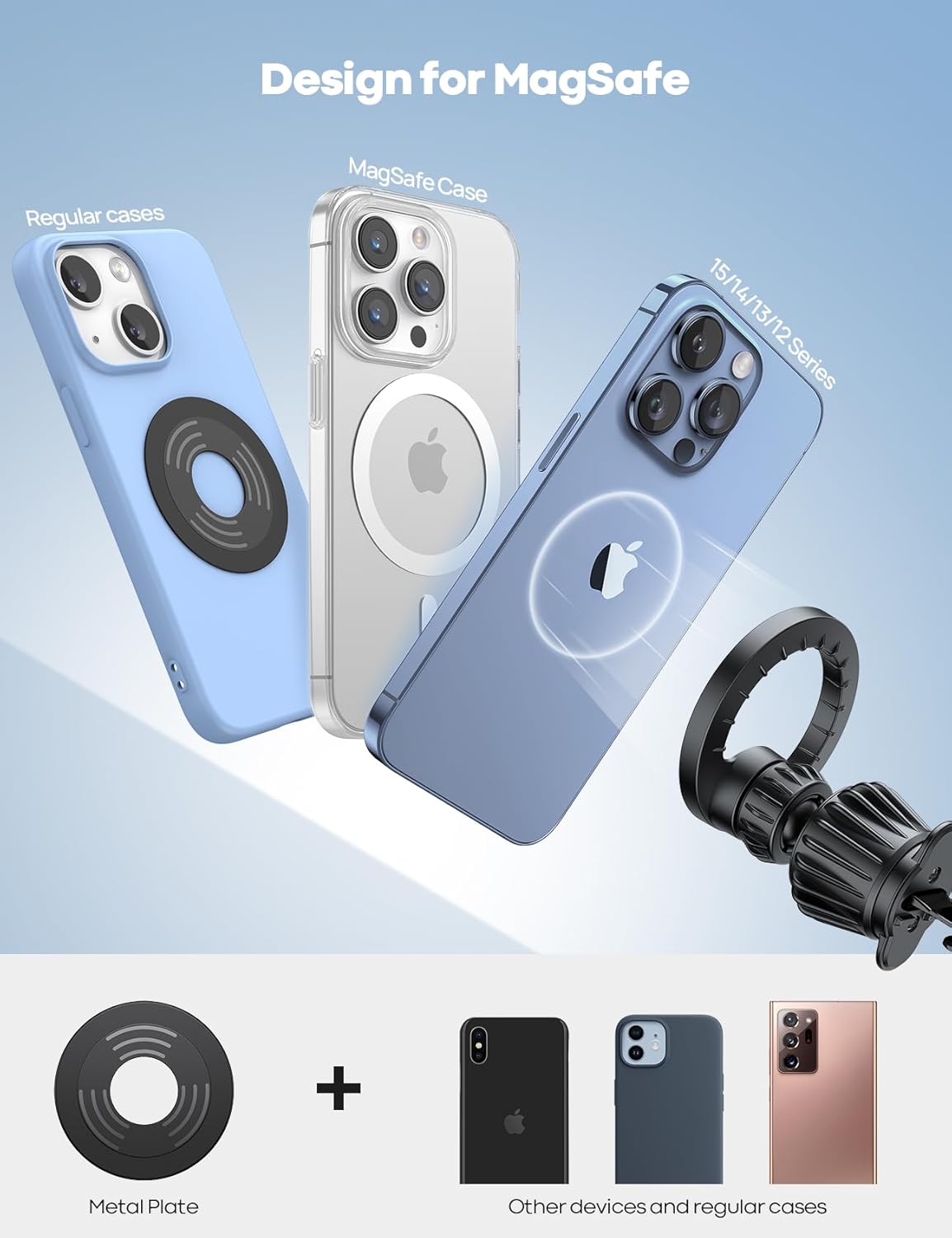 MagSafe Magnetic Car Phone Mount – 20x N52 Strong Magnets Air Vent Holder for iPhone 17/16/15/14/13 Series & Phones with Metal Plate
