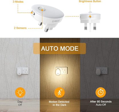 LED Motion Sensor Plug-In Night Light (2 Pack) – Dimmable Warm White with Auto/On/Off Modes for Nursery, Kids Room, Bedroom, Stairs & Hallway