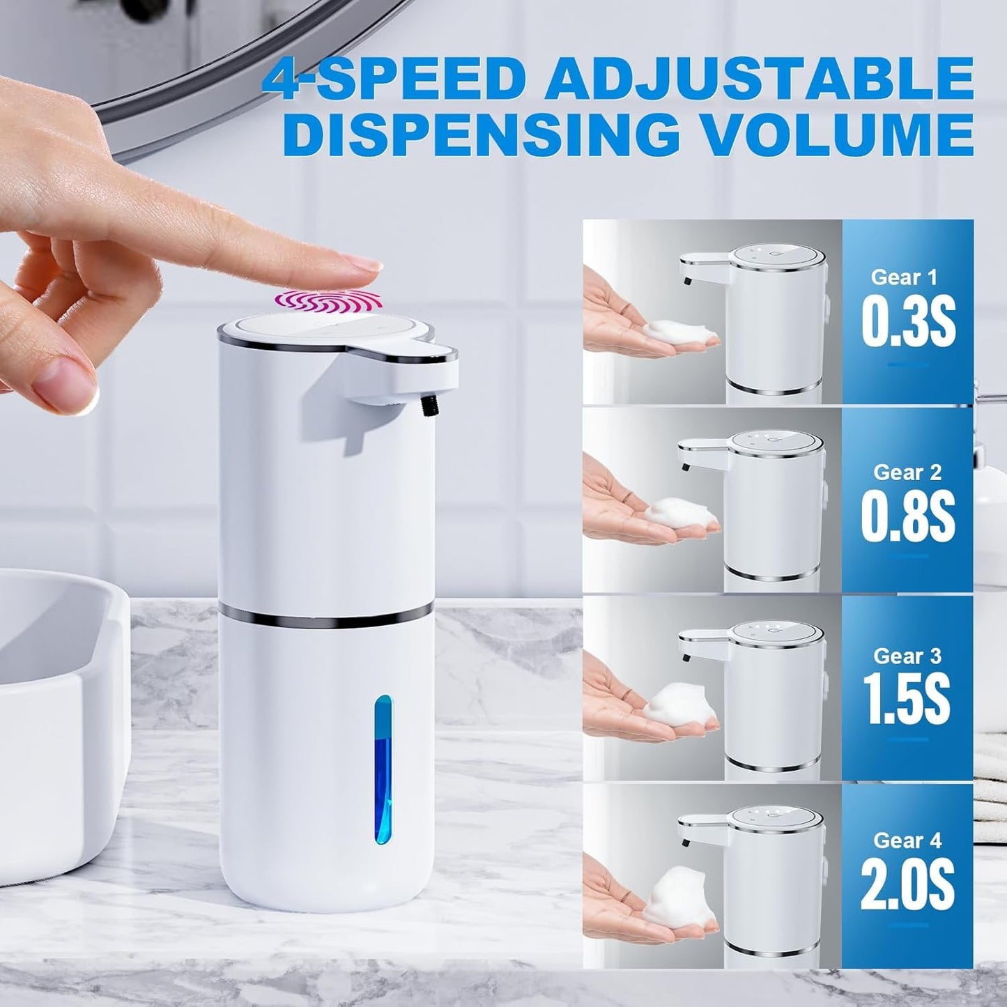 Automatic Foaming Soap Dispenser – 380ml Touchless Wall-Mount with Sensor, 4-Level Adjustable, USB Rechargeable & IPX5 Waterproof for Bathroom and Kitchen