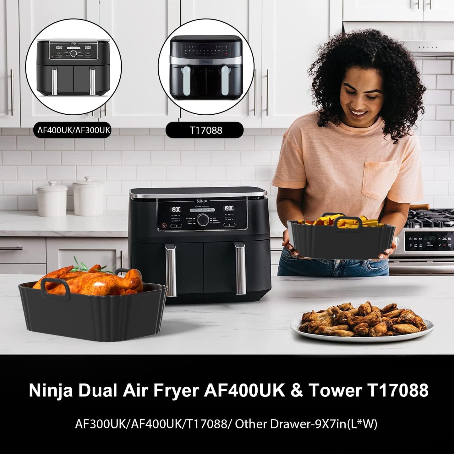 Silicone Air Fryer Liners – 2 Pack Reusable Non-Stick Mats for 7.6L–9.5L Baskets, Compatible with Ninja, Tower, COSORI, Instant & More