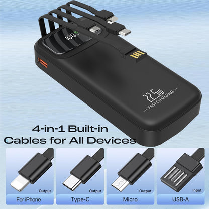20000mAh Power Bank Fast Charging – 22.5W PD Portable Charger with Built-in Cables & LED Display