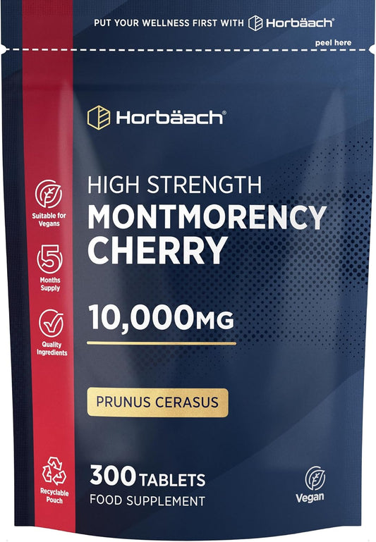 Montmorency Cherry Tablets 10,000mg | 300 Tart Cherry Active Pills - 5 Months Supply | 50:1 Natural Tart Cherry Extract Supplement for Men & Women | Vegan | by Horbaach