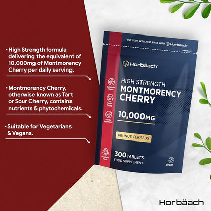 Montmorency Cherry Tablets 10,000mg | 300 Tart Cherry Active Pills - 5 Months Supply | 50:1 Natural Tart Cherry Extract Supplement for Men & Women | Vegan | by Horbaach