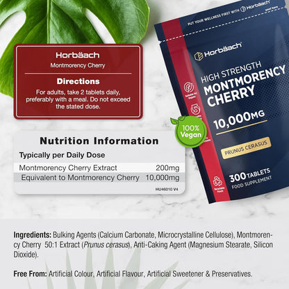 Montmorency Cherry Tablets 10,000mg | 300 Tart Cherry Active Pills - 5 Months Supply | 50:1 Natural Tart Cherry Extract Supplement for Men & Women | Vegan | by Horbaach