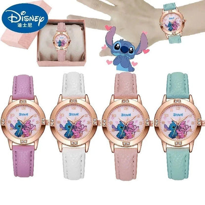 ⌚💖 Girls Lilo & Stitch Pink Quartz Watch – Leather Strap | Cute Cartoon Gift