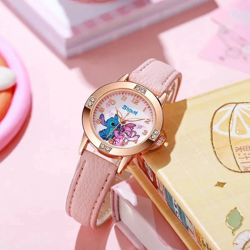 ⌚💖 Girls Lilo & Stitch Pink Quartz Watch – Leather Strap | Cute Cartoon Gift