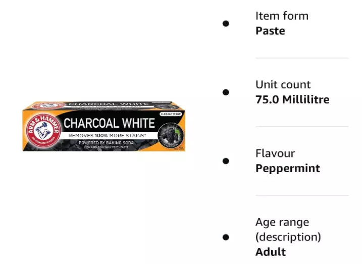 Arm & Hammer Charcoal White Toothpaste, 75ml